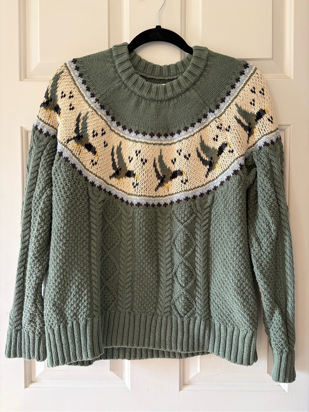 LLBean Green Cable Knit Sweater with Fair Isle Yoke
